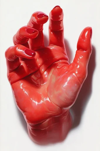 Clinical Crimson Surrealism style reference image — glossy wet texture
