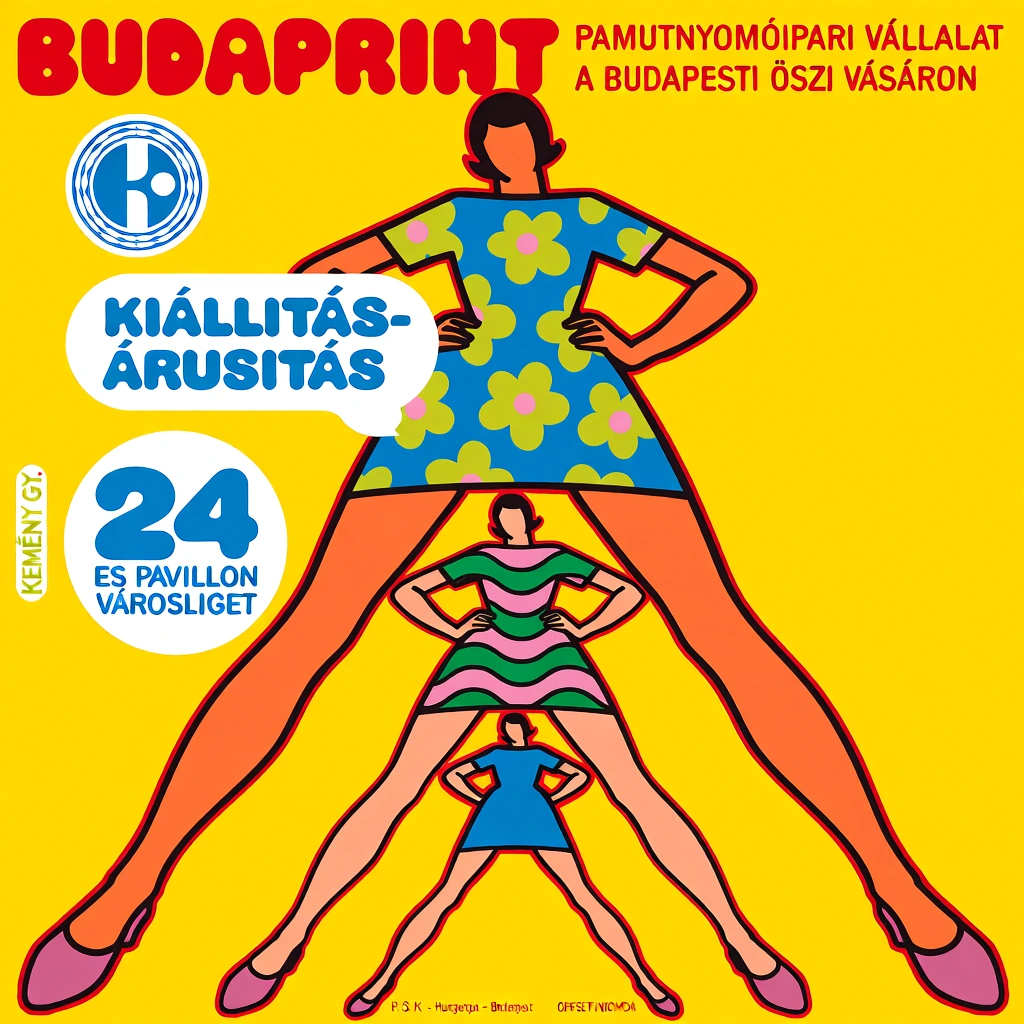A vibrant vintage Hungarian poster for Budaprint features three stylized women of decreasing sizes nested within one another's wide stances against a solid yellow background. The largest woman stands prominently in the foreground, her orange-toned legs spread wide to frame the smaller figures. She wears a blue, short-sleeved mini-dress adorned with a pattern of large lime-green flowers with pink centers. Her hands rest on her hips, and her head, with short dark hair and a featureless face, is tilted slightly. Directly beneath her, centered between her legs, is a second, smaller woman in the same pose, wearing a dress with a wavy, horizontal pattern of pink, green, and black stripes. Between the second woman's legs stands a third, even smaller figure in a solid blue dress. All three figures have minimal features and wear solid-colored, pinkish-purple shoes. In the top left corner, the word "BUDAPRINT" is written in large, red, rounded, bubble-style letters. To its right, in smaller red sans-serif capitals, is the text "PAMUTNYOMÓIPARI VÁLLALAT A BUDAPESTI ÖSZI VÁSÁRON". Overlapping the largest figure's left arm is a white, rounded speech-like bubble containing the blue, stylized text "KIÁLLITÁS-ÁRUSITÁS". Below this, a white circle features a large blue "24" followed by the text "ES PAVILLON VÁROSLIGET" in smaller blue characters. A circular blue and white corporate logo is positioned near the top left. On the middle left edge, "KEMÉNY GY." is written vertically inside a small white oval. Small print at the very bottom edge includes "P. S. K. - Hungexpo - Budapest" and "OFFSET NYOMDA". The composition uses a recursive, nested structure with a symmetrical layout and a flat, two-dimensional perspective typical of mid-20th-century graphic design. The color palette is dominated by the saturated yellow background, contrasted with bold pops of blue, orange, green, and pink, all defined by thick, black outlines.