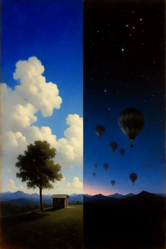 Celestial Dualistic Surrealism style reference image — classical oil painting texture