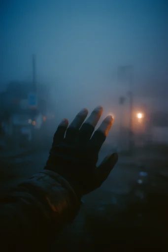 Cinematic Dystopian Brutalism style reference image — dense atmospheric fog