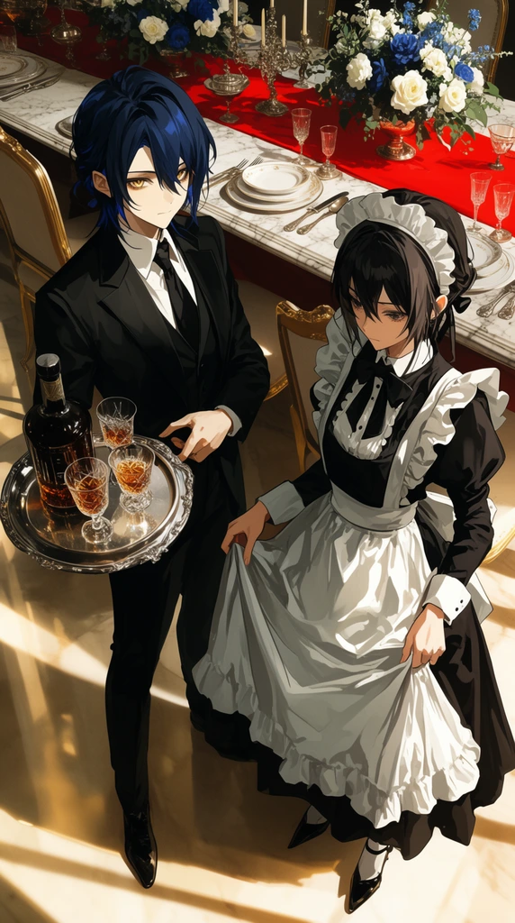 Two anime-style figures in elegant servant attire stand inside an opulent dining room. The left figure features dark blue hair, golden eyes, and a tailored black suit, resting one hand near a silver tray topped with a dark glass bottle and crystal glasses of amber liquid. The right figure sports a ruffled black and white maid dress with a matching headband, gazing downward while gently lifting her apron edges. The background reveals a grand marble table layered with a bright red runner, white fine china, silver cutlery, and towering floral centerpieces of white and blue blooms. Warm, dramatic sunlight casts sharp diagonal shadows across the characters and the polished floor. The artwork utilizes a slightly elevated camera angle, sharp linework, and rich color contrasts.