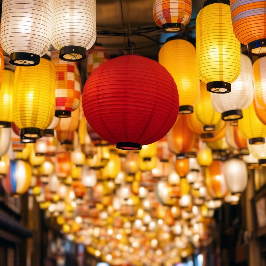dense canopy of illuminated paper lanterns hanging from a ceiling, large prominent red spherical lantern in the center foreground, surrounded by glowing yellow, white, orange, and striped ribbed cylindrical lanterns with black rims, suspended by wire, deep blurred background of an endless lantern-filled alleyway, shallow depth of field, warm festive lighting, low-angle perspective looking upward, vibrant glowing bokeh