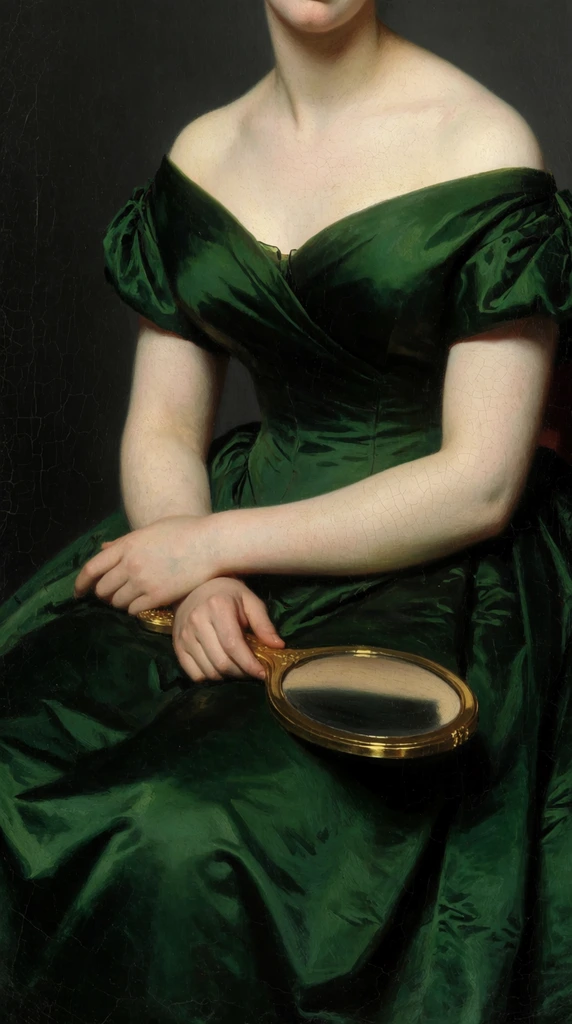 classical oil painting of a seated woman, cropped at the torso and lap, pale luminous skin, deep emerald green silk gown with an off-the-shoulder neckline and heavy draped folds, hands resting gracefully holding a golden hand mirror, stark chiaroscuro lighting highlighting the collarbones, solid dark charcoal gray background, visible craquelure texture, aged paint surface, 19th-century portraiture style