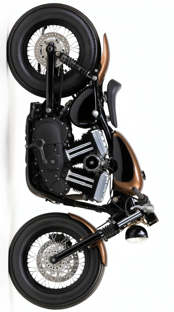 custom cafe racer motorcycle in profile view, glossy black and metallic bronze paint, exposed V-twin engine with polished silver cooling fins, matte black engine cases, wire-spoke wheels with thick black tires, drilled metal disc brakes, teardrop gas tank with bronze top and black lower half, minimalist black leather solo seat, chopped bronze front fender, oval black side panel, dual rear shock absorbers, black front forks, single round black headlight, low handlebars, isolated on pure white background, bright studio lighting, sharp focus, highly detailed mechanical components, clean minimalist styling