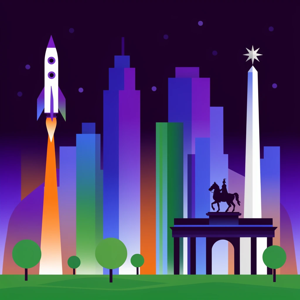 A stylized, flat-vector cityscape at night built with stark geometric shapes and vibrant gradients of purple, blue, green, and orange. The composition features towering, blocky skyscrapers, a soaring white rocket with fiery exhaust, a tall white obelisk crowned with a star, and the dark silhouette of an equestrian statue atop an archway. Simple green trees anchor the grassy foreground beneath a dark violet sky dotted with minimal, circular stars.