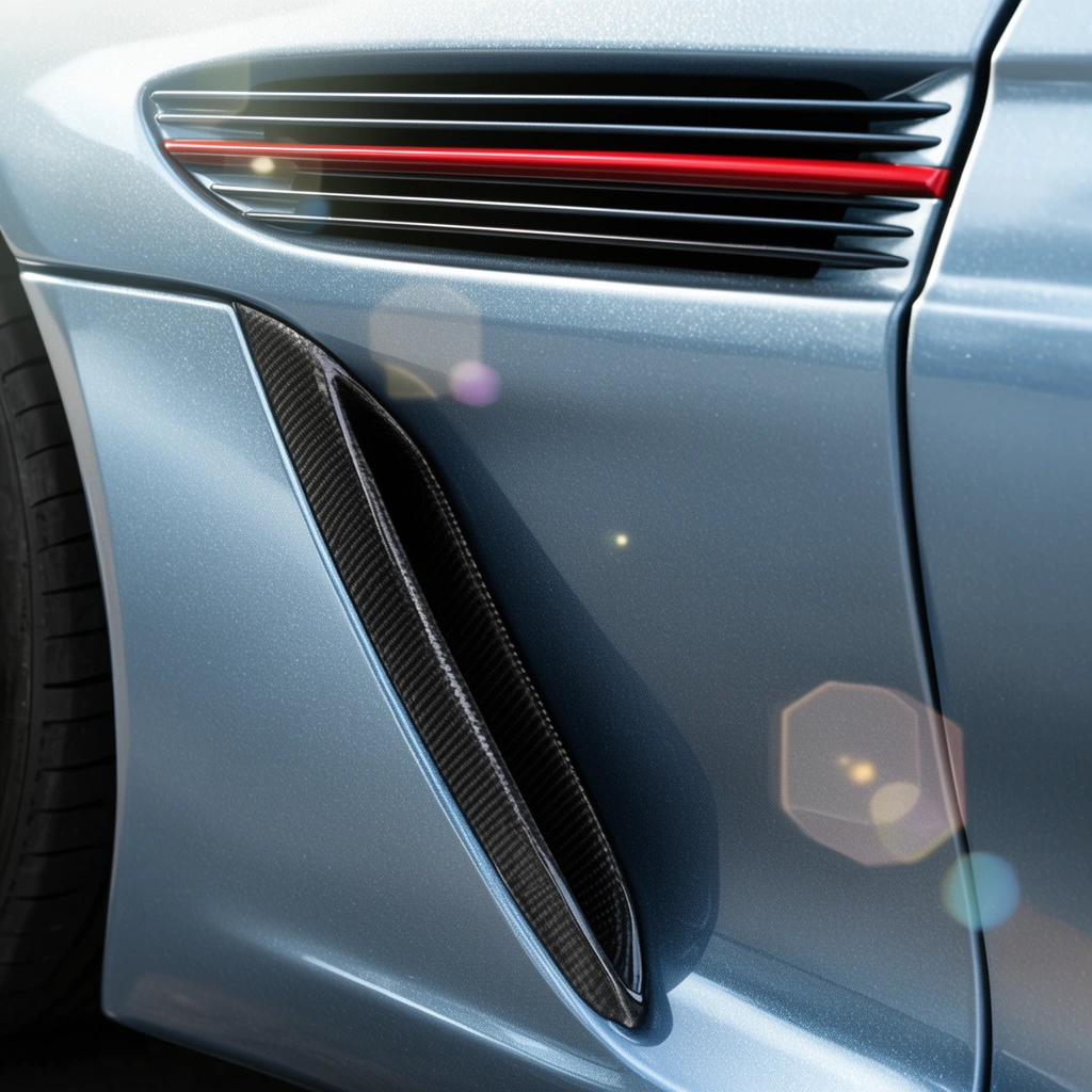 Macro photograph of a metallic silver-blue vehicle exterior featuring sweeping aerodynamic curves and precise panel gaps. A deep side air intake lined with dark woven carbon fiber sits below a slatted horizontal vent with a crisp red accent stripe. The edge of a black rubber tire frames the left. Soft lighting highlights the metallic paint flake, accompanied by scattered hexagonal lens flares.