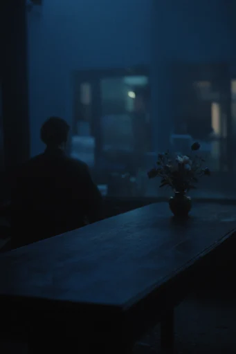 Cinematic Nocturnal Introspection style reference image — silhouette in window