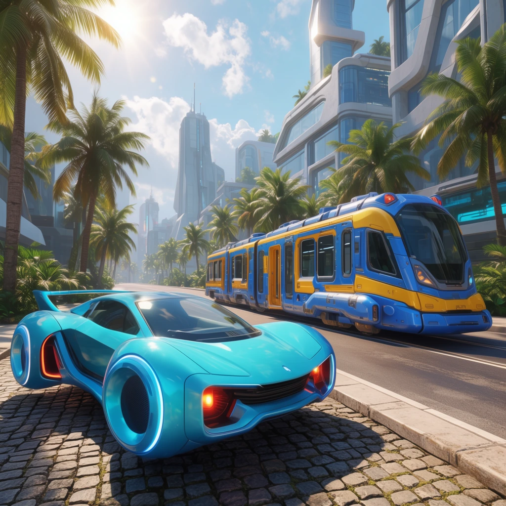 futuristic tropical street, cyan hover car on cobblestone, blue and yellow sci-fi tram on asphalt, modern buildings, palm trees, bright sunlight, vibrant 3D rendering