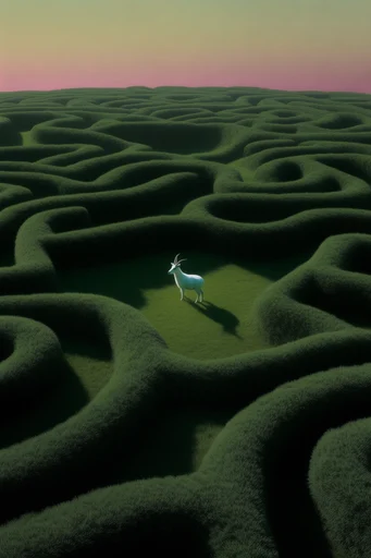 Surreal Botanical Minimalism style reference image — manicured topiary maze