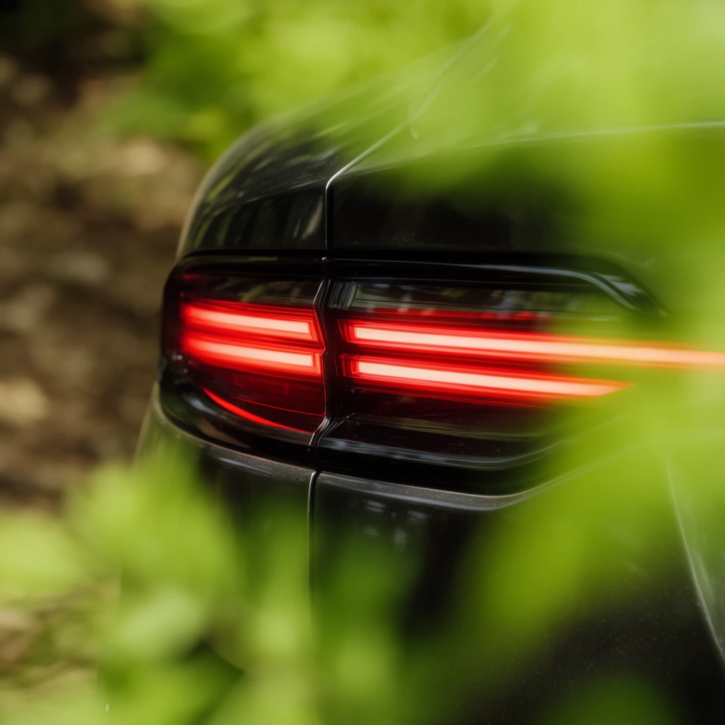 glowing red horizontal LED vehicle taillight, glossy black housing, dark metallic body, framed by heavily blurred bright green foreground leaves, soft earthy background, shallow depth of field, macro photography