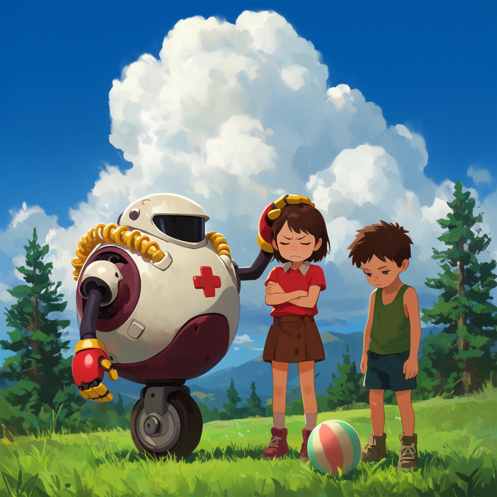 A spherical retro-futuristic robot gently pats a young girl's head in a vibrant grassy field alongside a young boy. The mechanical figure features a bulbous white and maroon body balanced on a single wheel, equipped with slender dark arms, red and yellow hands, a dark visor, yellow coiled tubes, and a red cross on its side. The girl stands with arms crossed in a red shirt and brown skirt with her eyes closed in an impatient expression. Beside her, a boy in a green tank top looks down at a striped ball resting in the lush green grass. Scattered pine trees and distant mountains frame the midground under a vivid blue sky dominated by a colossal, fluffy white cumulus cloud. The digital illustration features a vibrant painterly anime aesthetic with crisp sunlight and soft cel-shaded character details.