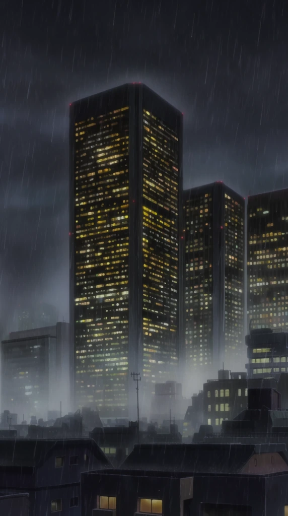 nighttime anime-style rainy cityscape, towering skyscrapers with hundreds of warm glowing yellow windows, thick visible rain streaks falling across the frame, dense fog obscuring the building bases, dark silhouetted low-rise rooftops in the foreground, moody cinematic lighting, cool gray tones contrasting with vibrant city lights, detailed 2D animation background art, melancholic urban atmosphere