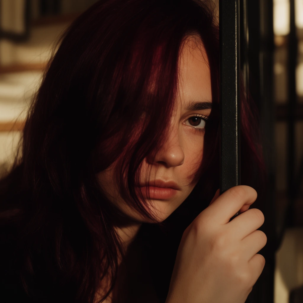 close-up portrait of a young woman with dark burgundy hair obscuring part of her face, intense serious gaze, pale hand gripping a vertical black metal bar, dramatic warm side lighting, deep chiaroscuro shadows, shallow depth of field, blurred indoor architectural background, cinematic moody photography, intimate framing
