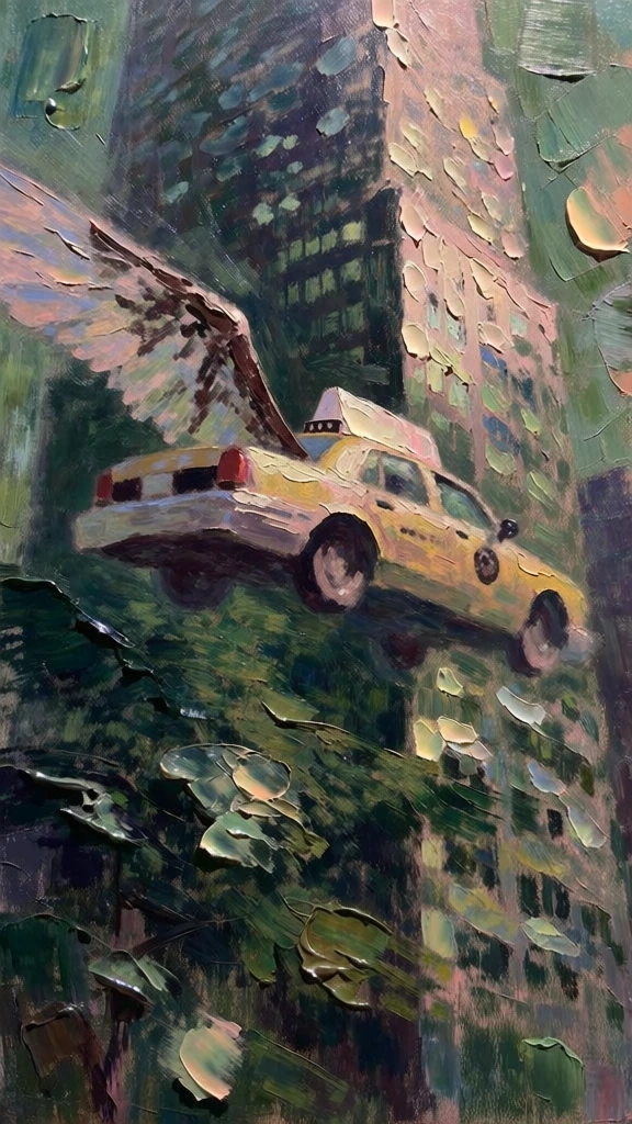 oil painting with heavy impasto brushstrokes, thick textured layers of paint, a yellow taxi cab with mechanical wings soaring beside a towering skyscraper, palette of deep mossy greens and forest shadows, vibrant highlights of cadmium yellow and pale pink, dappled light effect, expressive and gestural mark-making, rich painterly aesthetic, blurred forms meeting sharp highlights, light catching the edges of the wings and building facade, post-impressionist style, atmospheric and tactile