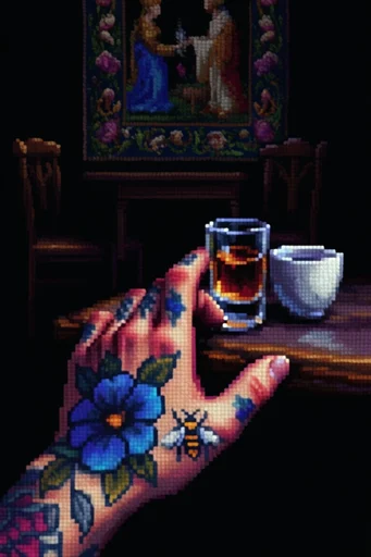 Digital Baroque Tapestry style reference image — pixelated tapestry texture