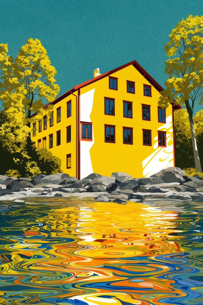 large bright yellow multi-story building, dark red trim around windows and roof, situated on a rocky shoreline, grey boulders, surrounded by tall trees with yellow-green foliage, stylized swirling water in foreground, water reflects vibrant colors, teal, yellow, orange, blue, textured sky background, teal blue sky with subtle grain, flat illustration style, strong light source creating harsh white shadows on building facade, high contrast, vibrant color palette, surreal wavy pattern in water, architectural landscape illustration