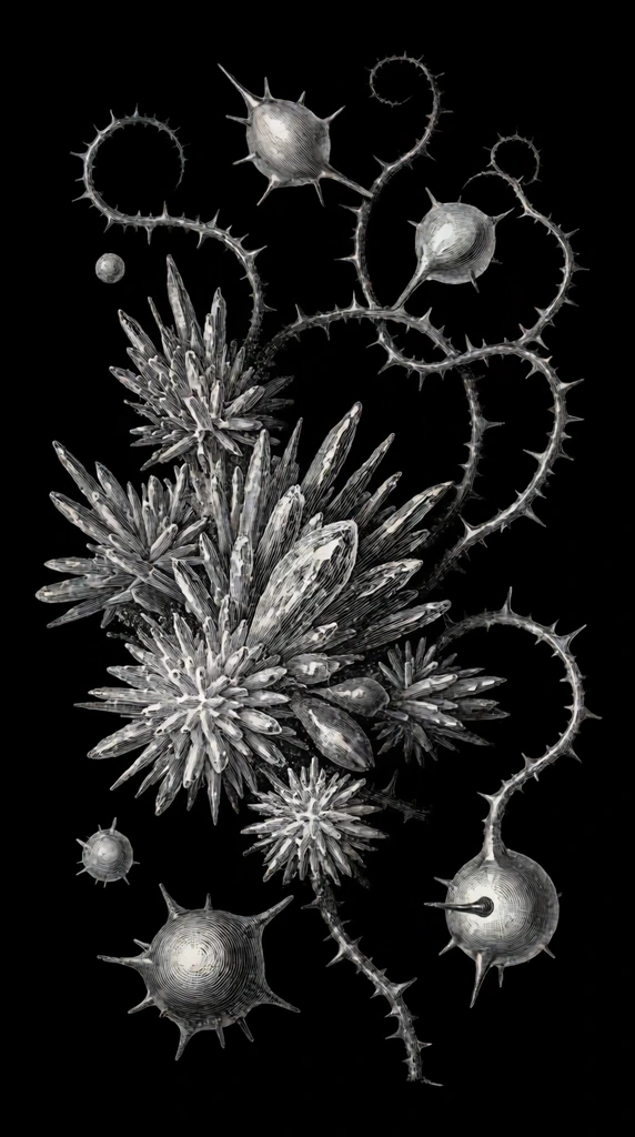 Monochromatic vintage engraving of speculative organic forms on a pitch-black background. An asymmetrical cluster of spiky, crystalline flora is surrounded by floating spherical pods and intertwining spiked vines, rendered in stark silver tones emphasizing alien geometries.