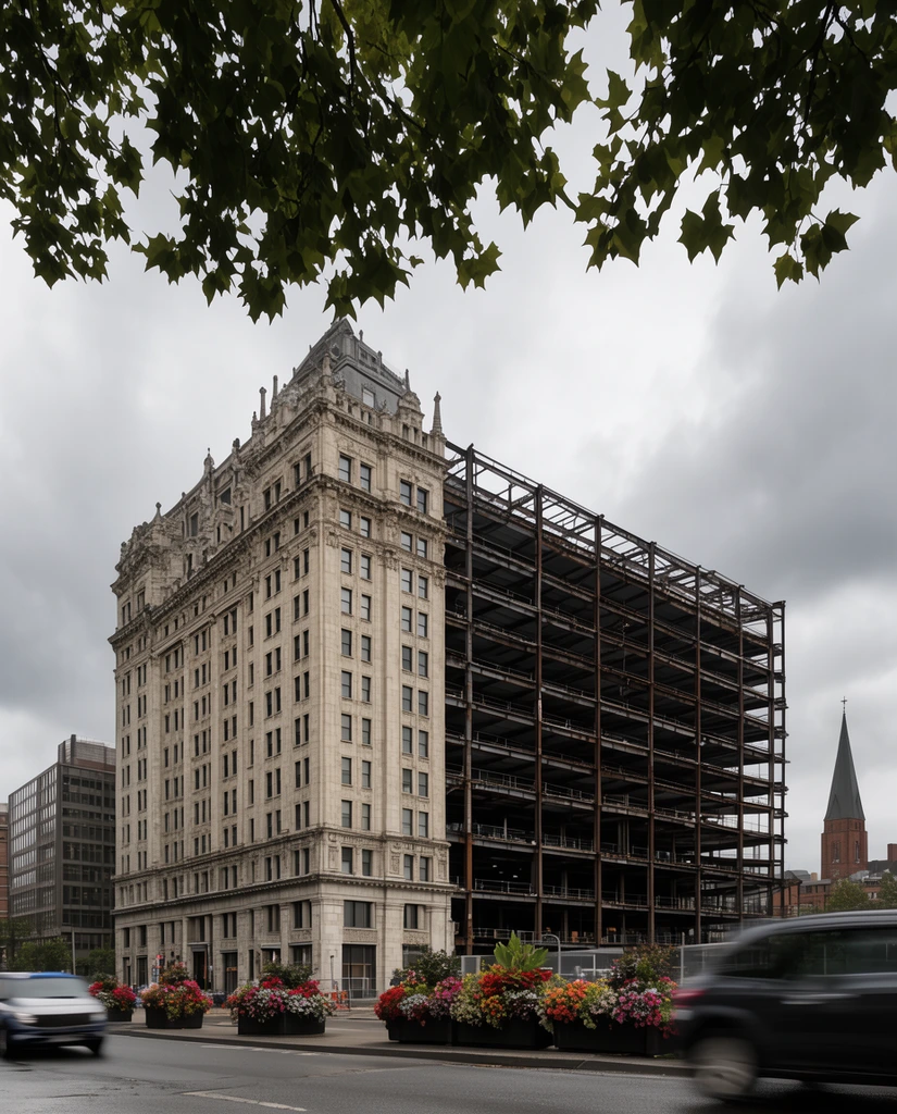 ornate stone building adjoined to an exposed steel construction grid, street level view with passing cars and flower planters, overcast sky, overhanging tree leaves, distant brick spire