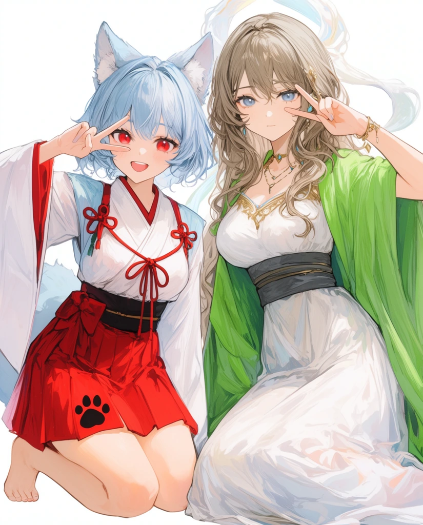Two barefoot anime-style women pose playfully against a stark white background. The kneeling woman on the left smiles brightly, featuring short light-blue hair, fluffy animal ears, and striking red eyes. She raises a peace sign over one eye and wears a white kimono-inspired top with red cords alongside a vibrant red pleated skirt detailing a black paw print. Beside her, the second woman exhibits a calm expression, soft blue eyes, and long wavy light-brown hair with ethereal strands forming a subtle halo. She mirrors the peace sign, dressed in an elegant white dress layered with a bright green draped robe, a dark grey waist sash, and delicate gold jewelry. The vibrant illustration utilizes delicate linework, soft lighting, pastel shading, and detailed fabric draping to create an expressive character portrait.