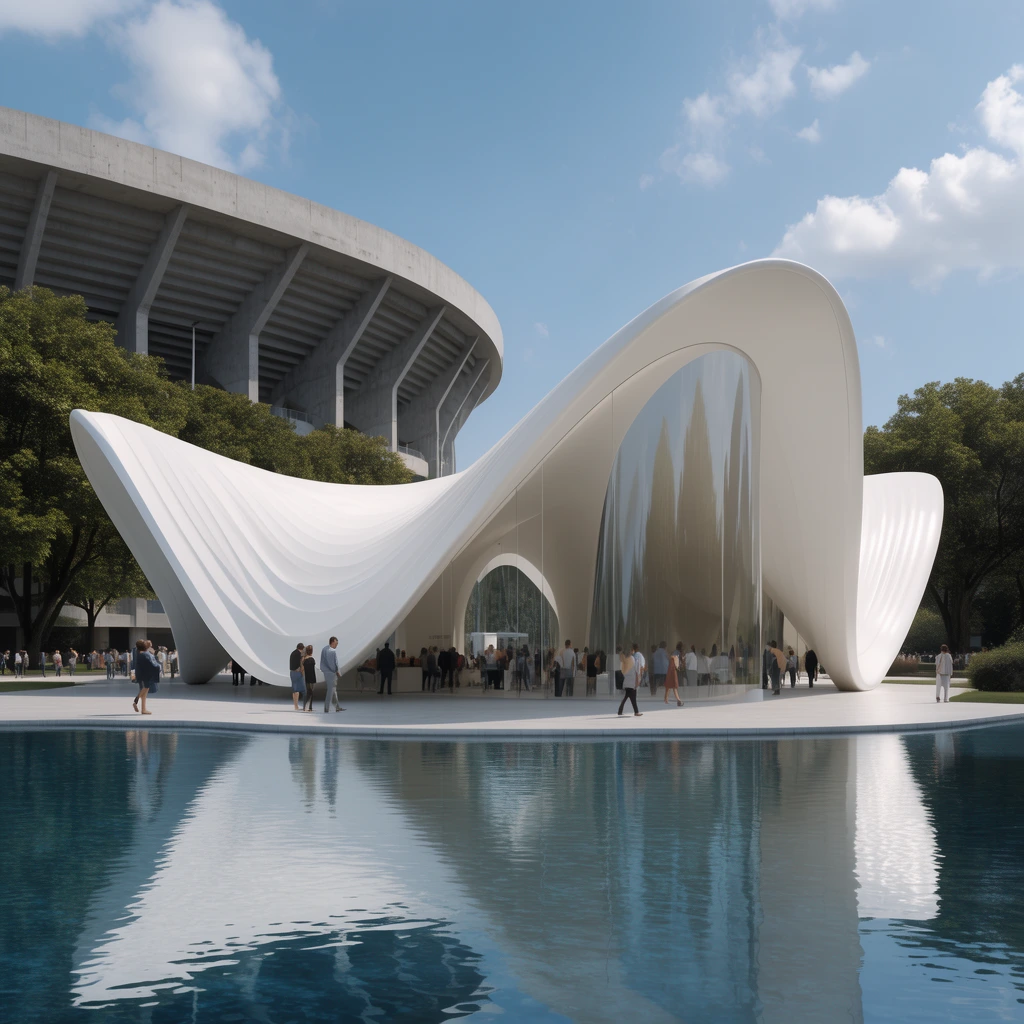 A futuristic white pavilion with an undulating roof and curved glass walls sits beside a reflecting pool. People explore its sweeping exterior. A massive concrete stadium and mature trees loom behind under a bright blue sky in a photorealistic architectural rendering.