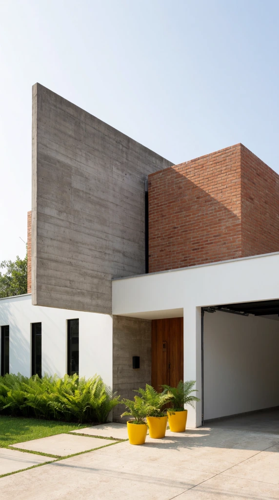 modernist house, prominent exposed concrete wall extending past roofline, intersecting red brick cubic volume, white lower structure with open garage, wooden entrance door, narrow dark windows, lush green ferns, bright yellow plant pots, architectural photography, bright daytime lighting, clear pale blue sky