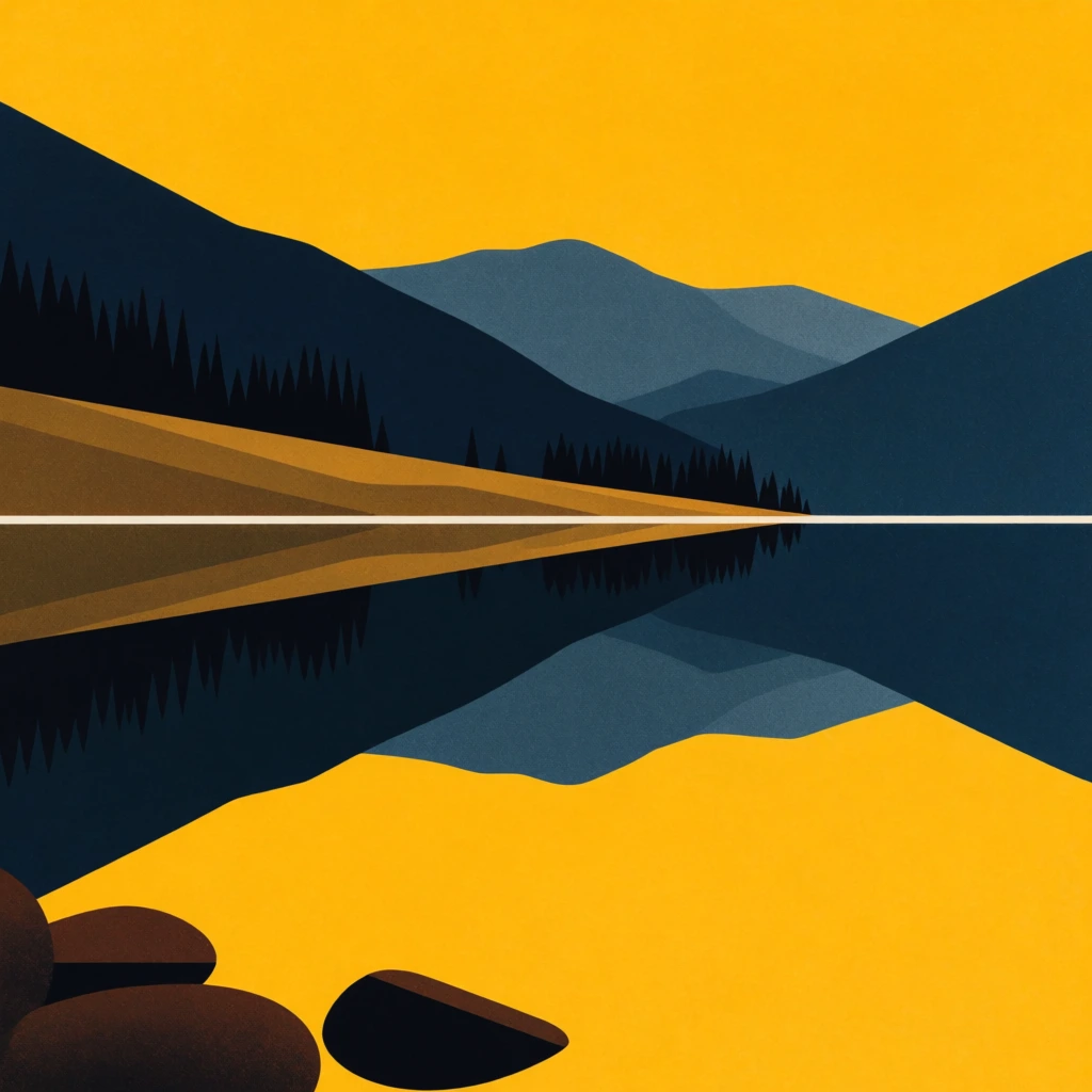 minimalist graphic landscape illustration, vibrant mustard yellow sky, deep navy and slate blue mountains, dark trees along the shoreline, golden brown sloping bank, pristine still water creating a perfect mirror reflection, smooth dark brown rocks in bottom left foreground, flat shapes, subtle grainy texture, high contrast, symmetrical vertical composition