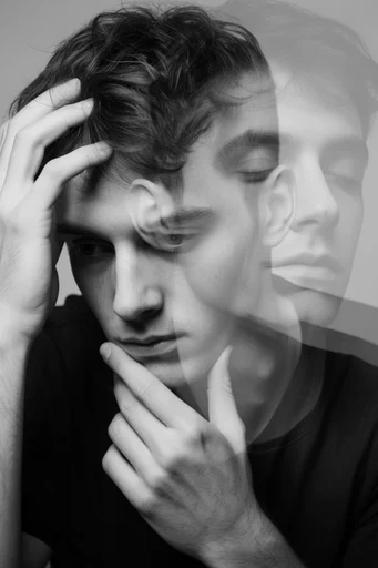 Monochrome Surrealist Duality style reference image — minimalist studio lighting
