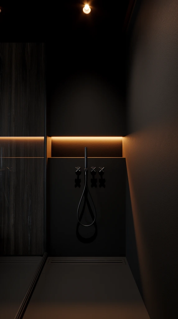 minimalist dark shower interior, matte black hand shower wand and looped hose, dark wall fixture with cross handles, striking horizontal recessed niche illuminated by warm amber LED strip lighting, matte dark textured wall on the right, dark wood-grained vertical panel on the left with glass reflection, smooth dark floor with linear drain, single warm overhead spotlight, low-key lighting, moody architectural photography, stark geometric lines, deep shadows, high contrast between warm light and dark tones, luxurious contemporary design