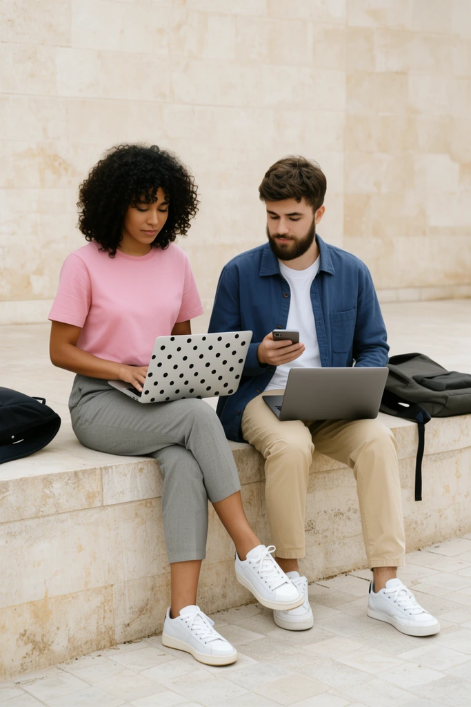 two young adults sitting on a light stone ledge outdoors, woman with dark curly hair in a pink t-shirt and grey trousers typing on a silver polka-dot laptop, man with a beard in a blue overshirt and khaki trousers holding a smartphone and resting a grey laptop on his knee, backpacks on the ledge, beige stone wall background, soft natural daylight, medium shot