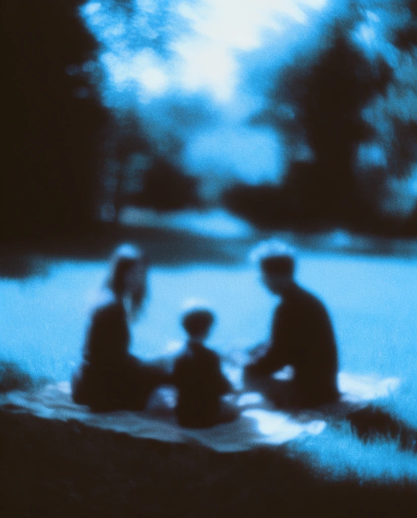 A heavily blurred, monochromatic cyan and deep black composition of a woman, a man, and a child sitting together on a blanket in a grassy park surrounded by trees. The three figures appear as soft, out-of-focus dark silhouettes resting on the ground, their forms heavily obscured by intense motion blur and thick film grain. Surrounding the family, the grassy park and encircling trees are rendered as abstract, heavy dark masses contrasting starkly with intensely glowing, overexposed cyan light dominating the background. The visual features a lo-fi, analog aesthetic characterized by extreme optical blur, coarse visual noise, soft glowing halation around the bright areas, and a stark duotone high-contrast color palette. The interplay of deep, solid black shadows and luminous blue highlights reduces the subjects and the landscape to atmospheric, unsharp shapes with soft, hazy edges.