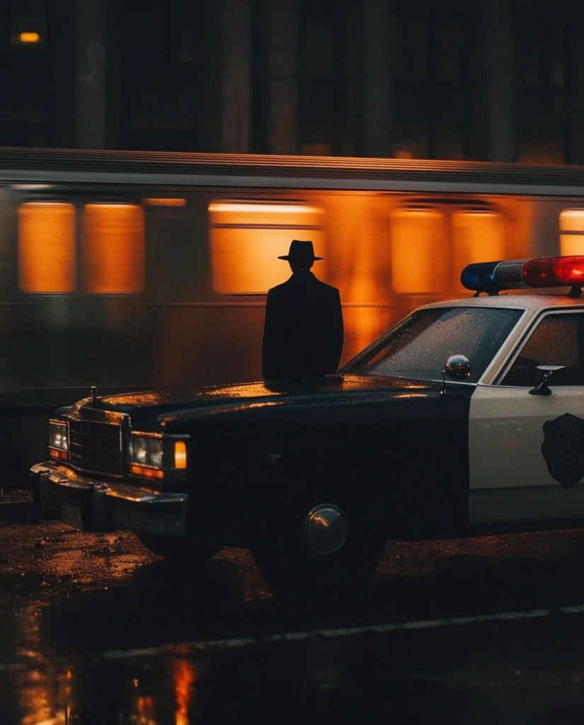 Silhouette of a fedora-wearing figure beside a dark vintage police car in a moody urban night scene. A blurred train with glowing orange windows speeds behind them. Wet pavement reflects the warm light against deep neo-noir shadows.