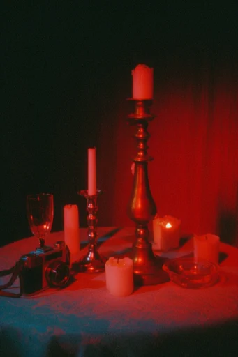 Cinematic Crimson Noir style reference image — heavy analog film grain