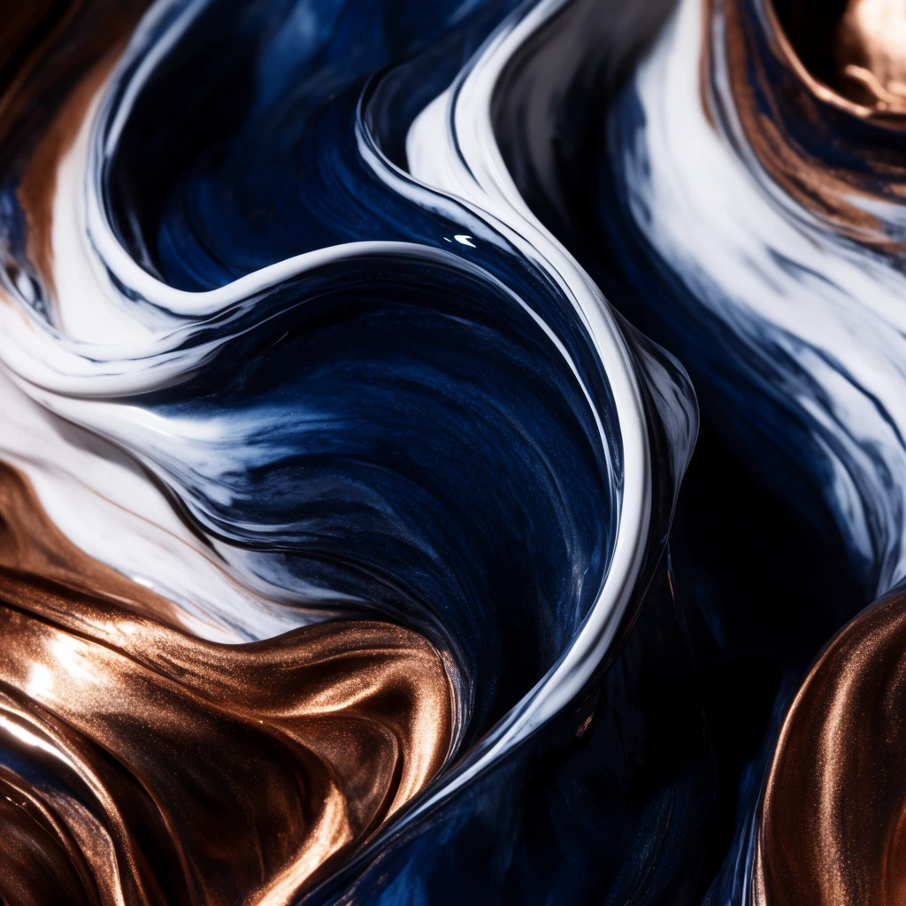 Abstract macro photography of viscous fluid forming sweeping sculptural curves. A prominent central wave of deep navy blue is accented by sharp ridges of stark white and rich metallic bronze. High contrast lighting highlights the glossy texture and deep crevices of the undulating liquid medium.
