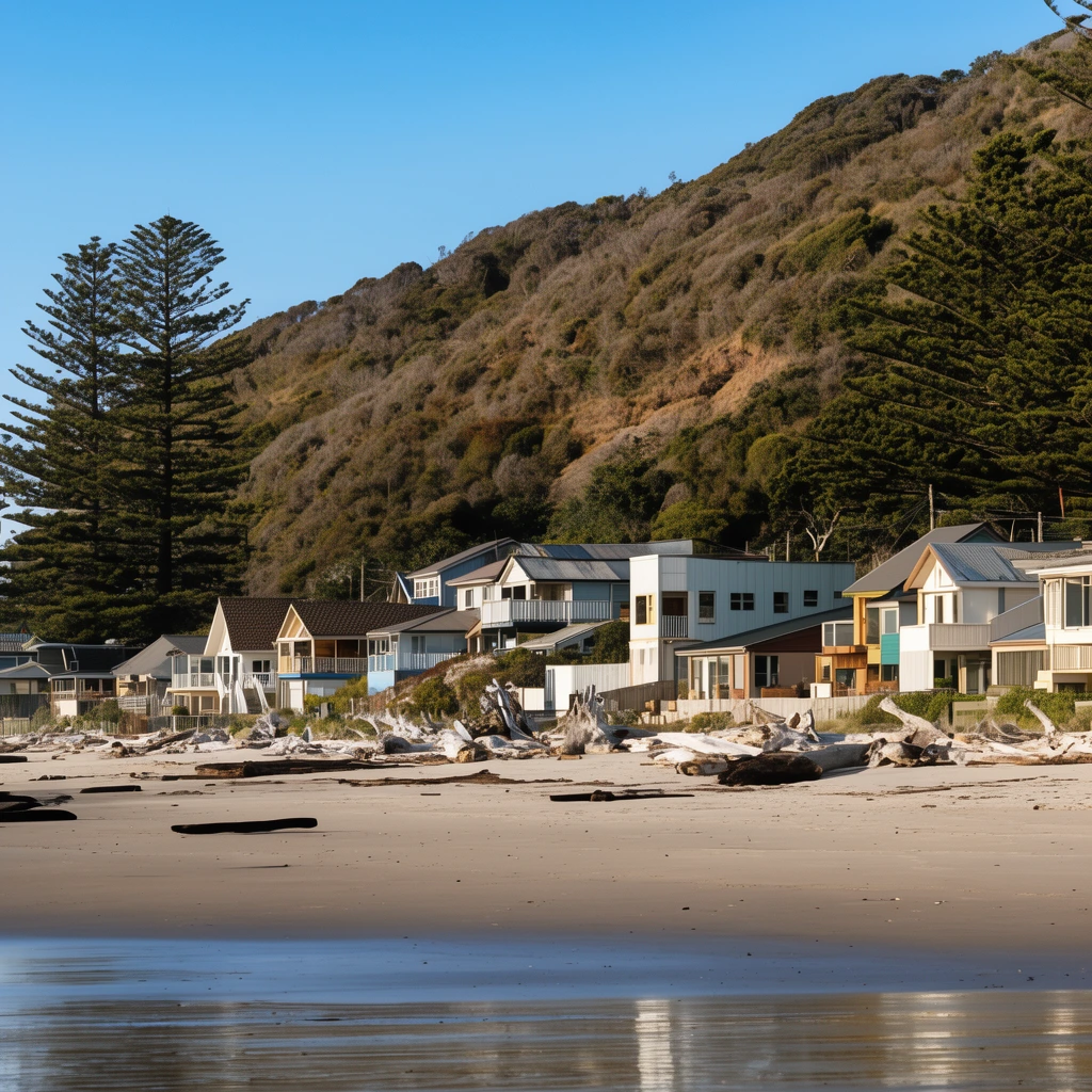 coastal landscape photograph, smooth wet sandy beach with scattered driftwood, eclectic seaside houses at the base of a steep brush-covered hill, tall pine trees, blue sky, natural sunlight