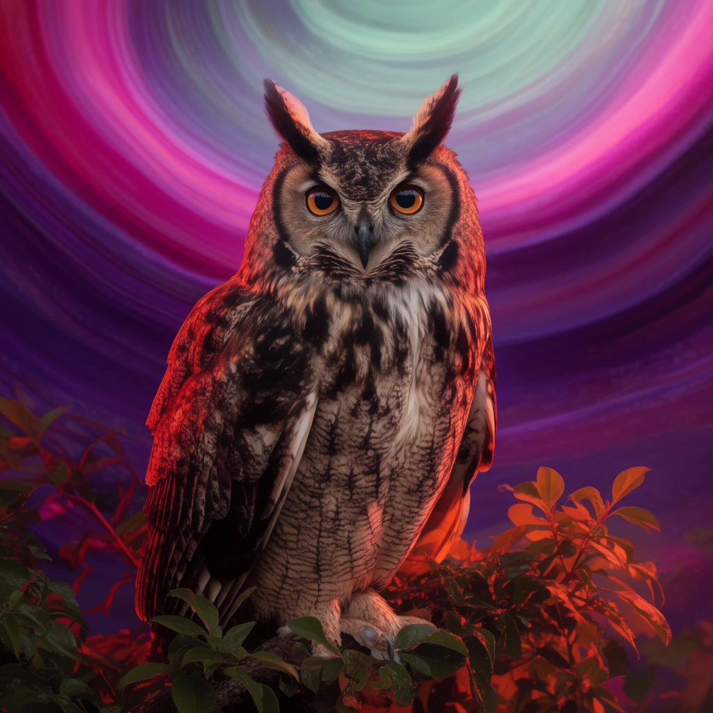 A majestic horned owl with striking amber eyes and prominent ear tufts perches on a leafy branch, directly facing the viewer. Its intricate brown and white plumage and the surrounding foliage are illuminated by a dramatic reddish-orange glow. Behind the sharply detailed bird, a surreal background features sweeping, concentric bands of luminous magenta, deep purple, and pale teal. The composition contrasts realistic wildlife photography with a dreamlike, psychedelic vortex of swirling colors.