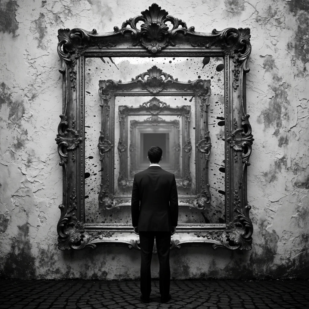 A man in a dark tailored suit stands with his back to the viewer, facing a massive, ornate baroque mirror mounted on a heavily textured wall. The stained and splattered glass reveals a surreal corridor of nested mirrors receding into the distance directly ahead of him. The progressively smaller identical frames create an infinite tunnel effect, drawing the eye toward a hazy, dark rectangular portal at the deepest vanishing point. The high-contrast black and white composition emphasizes the intricate floral carvings of the outermost frame against the grunge-like wall surface. The ground beneath features a dark cobblestone pattern, anchoring the dreamlike, somber atmosphere.