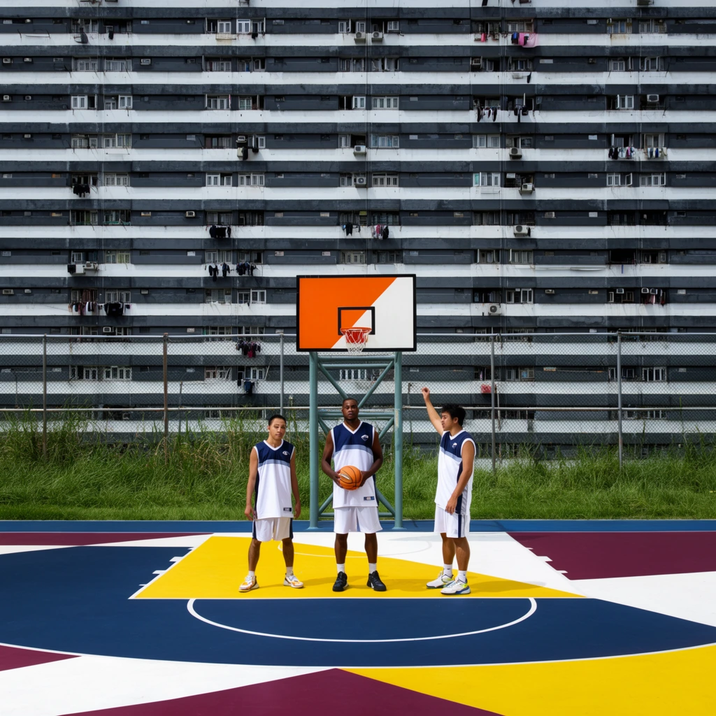 Three basketball players stand casually on a vividly painted outdoor court set against a massive, horizontally striped apartment building. The athletes wear matching white and navy blue athletic jerseys and shorts, with the central figure holding an orange basketball and the player on the right raising one arm. The court surface features bold, abstract geometric blocks of navy blue, bright yellow, maroon, and white. A basketball hoop stands center, its backboard bisected diagonally into bright orange and white sections. Behind a chain-link fence and tall green grass, the background is dominated by the flat facade of a dense residential tower. This brutalist structure is characterized by stark, alternating horizontal bands of dark grey and white, textured with rows of windows, air conditioning units, and hanging laundry. Captured from a direct, flat, eye-level perspective under bright daylight, the urban photography composition starkly contrasts the repetitive, gritty architectural lines of high-density housing with the vibrant, saturated graphic colors of the foreground sports court.