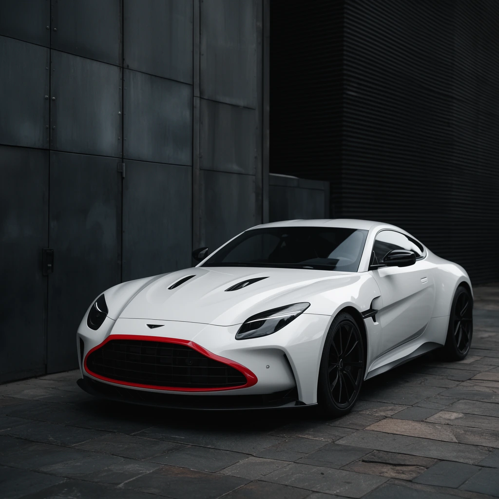 A sleek white high-performance sports car parked on stone tiles against a dark industrial metal facade. The aerodynamic coupe features angular headlights, black alloy wheels, dual hood vents, and a front grille accented with striking red trim. Soft, diffused lighting highlights the vehicle's sculpted lines, creating a stark contrast against the matte grey paneled walls and corrugated background. The moody automotive photography captures a premium, desaturated urban atmosphere.