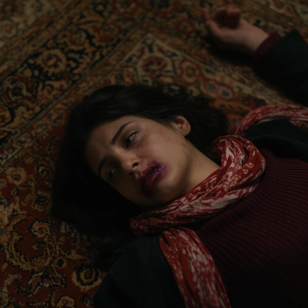 A cinematic high-angle shot of a motionless woman on an ornate patterned rug. She wears a maroon ribbed sweater, dark jacket, and a red-and-white patterned scarf loosely draped around her neck. Her face turns aside, revealing bruised lips and a fixed stare, while one arm extends upward into a soft background blur. Moody low-key lighting and a shallow depth of field emphasize the warm, earthy tones of the intricate carpet design.