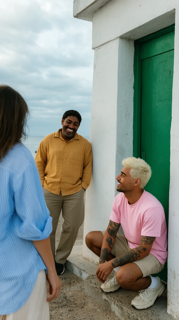 Two smiling adults talk outdoors by a white concrete structure with a green door. A crouching man with bleached hair, arm tattoos, and a pink shirt looks at a woman partially framed in a blue striped shirt. A cloudy sky and ocean form the background.