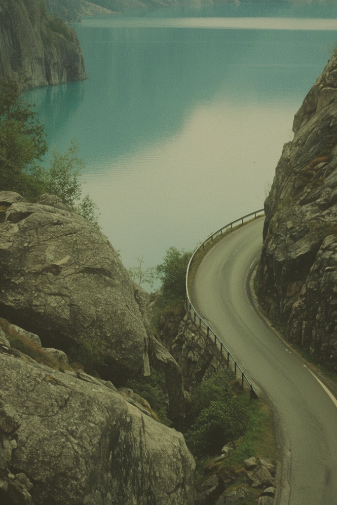 A high-angle view of a tranquil, desaturated turquoise lake framed by imposing, rugged stone cliffs. On the right side, a winding asphalt mountain road with a metal guardrail curves tightly along the steep rock face. To the left, massive, heavily textured gray boulders dominate the foreground, dotted with sparse patches of green brush and small trees. The water surface is exceptionally smooth, fading into a hazy distance. The composition features a vintage, cinematic film aesthetic with pronounced grain, utilizing a muted color palette of olive greens, slate grays, and soft oceanic blues under diffuse, overcast lighting.