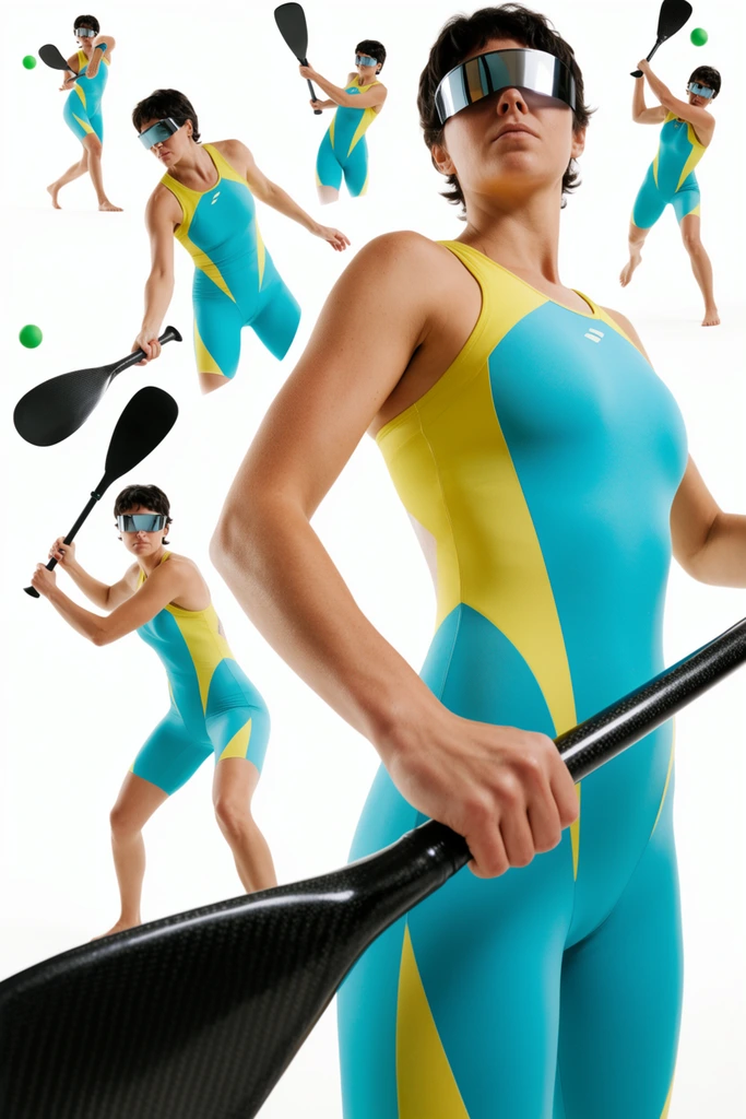A dynamic collage of a female athlete with short dark hair in various action poses against a stark white background. She wears a sleek turquoise and yellow athletic bodysuit and a metallic visor. In the extreme foreground, a heavily cropped view of her torso gripping a solid carbon-fiber paddle dominates the frame. Scattered across the white space are smaller figures of the same woman mid-swing, serving, and bouncing a vibrant green ball. High-key studio lighting creates crisp edges in a bold graphic composition.
