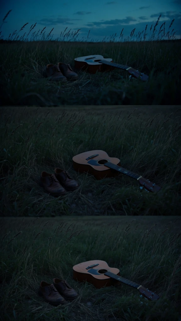 a vertical triptych of cinematic stills during blue hour, an acoustic guitar and two leather shoes abandoned in a vast field of tall grass, low-angle perspective, cool teal and desaturated cyan color grading, soft underexposed natural light, shallow depth of field with blurred grass blades in the extreme foreground, fine 35mm film grain, melancholic mood, lonely atmosphere, muted earth tones against an expansive dusk sky, minimalist still life composition