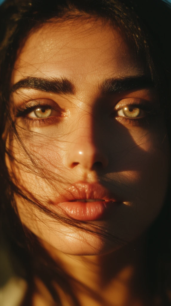 Extreme close-up portrait of a woman bathed in intense golden hour sunlight. Striking light hazel eyes gaze forward beneath thick dark eyebrows, while fine strands of dark hair blow haphazardly across her face and full parted lips. Dramatic chiaroscuro lighting sharply divides her features, illuminating the left side while casting deep, rich shadows on the right. Luminous specular highlights gleam on her irises, nose tip, and lower lip. The background fades into a dark warm blur through a shallow depth of field, emphasizing the hyper-realistic cinematic rendering and intricate interplay of glowing light and fine scattered hair.