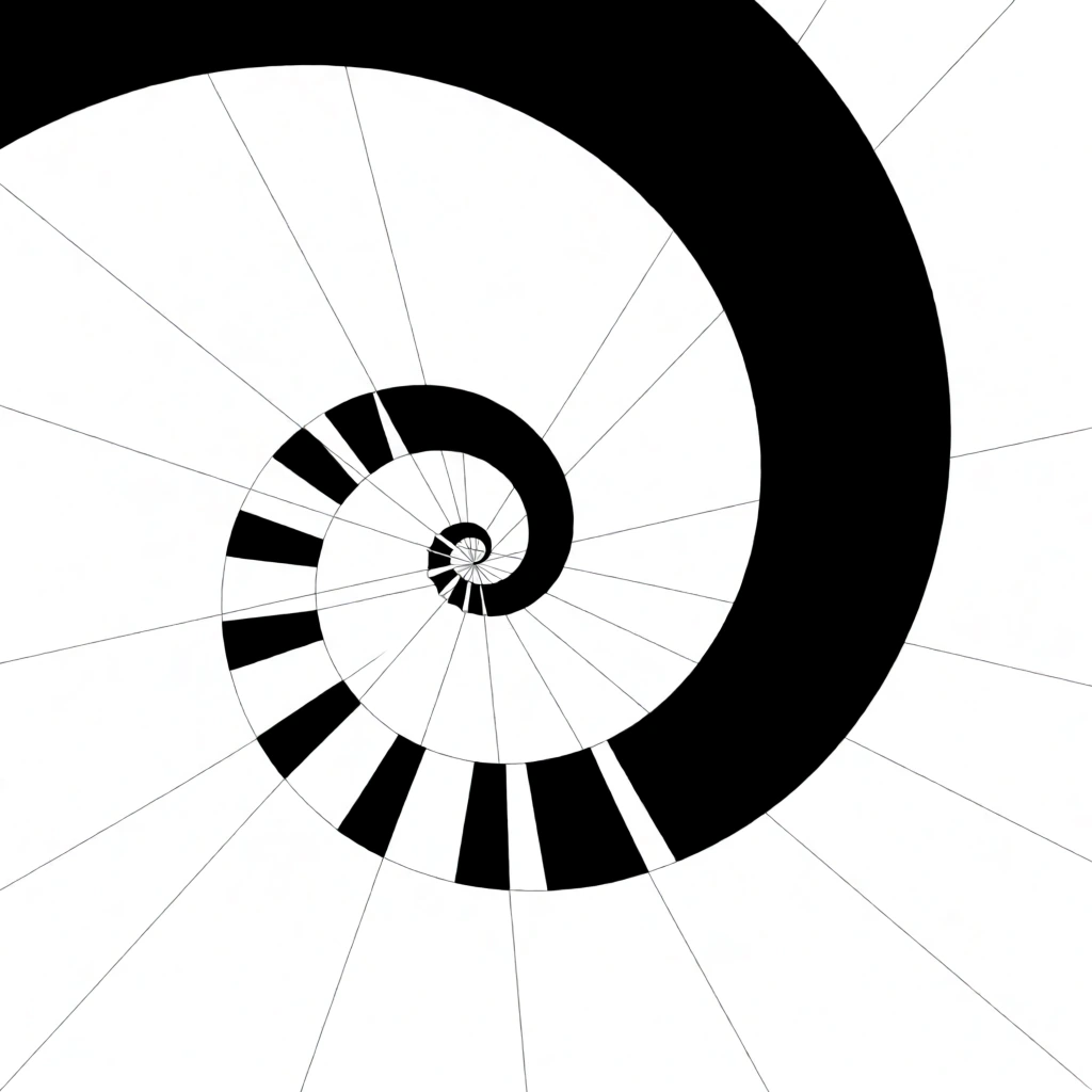 A high-contrast black-and-white abstract geometric design centered on a tight spiral expanding into a thick sweeping curve. One arc of the spiral is heavily segmented with sharp rectangular cutouts resembling curved gear teeth. A massive solid black crescent borders the upper right. Thin and precise straight black lines intersect the stark white background at varied angles, establishing a minimalist technical blueprint aesthetic with crisp razor-sharp edges.