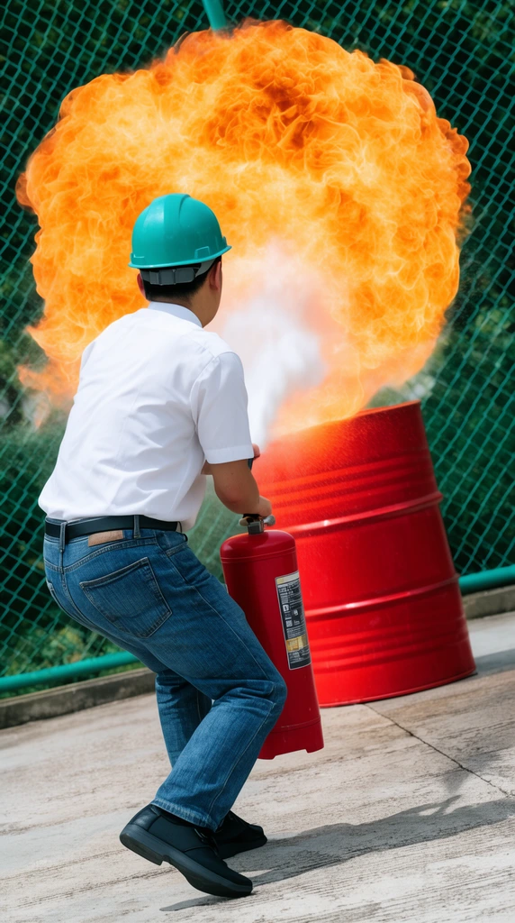 man from behind battling a massive orange fireball, holding a red fire extinguisher, white short-sleeve shirt, blue jeans, teal hard hat, red metal barrel on sloped concrete, green fence background, bright daylight action photography, frozen motion, high contrast