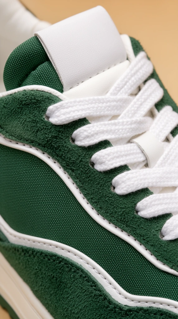 A close-up macro photograph highlights the textured materials of a classic forest green and white retro sneaker. The upper combines fuzzy green suede overlays with breathable green nylon mesh. Thick white braided cotton laces crisscross over a padded white tongue topped with a plain rectangular woven tag. Crisp white leather piping trims the edges of the suede panels. Bright, even studio lighting emphasizes the rich tactile contrast between the materials. A shallow depth of field softly blurs a warm beige background, drawing full attention to the intricate stitching and fabric weaves.