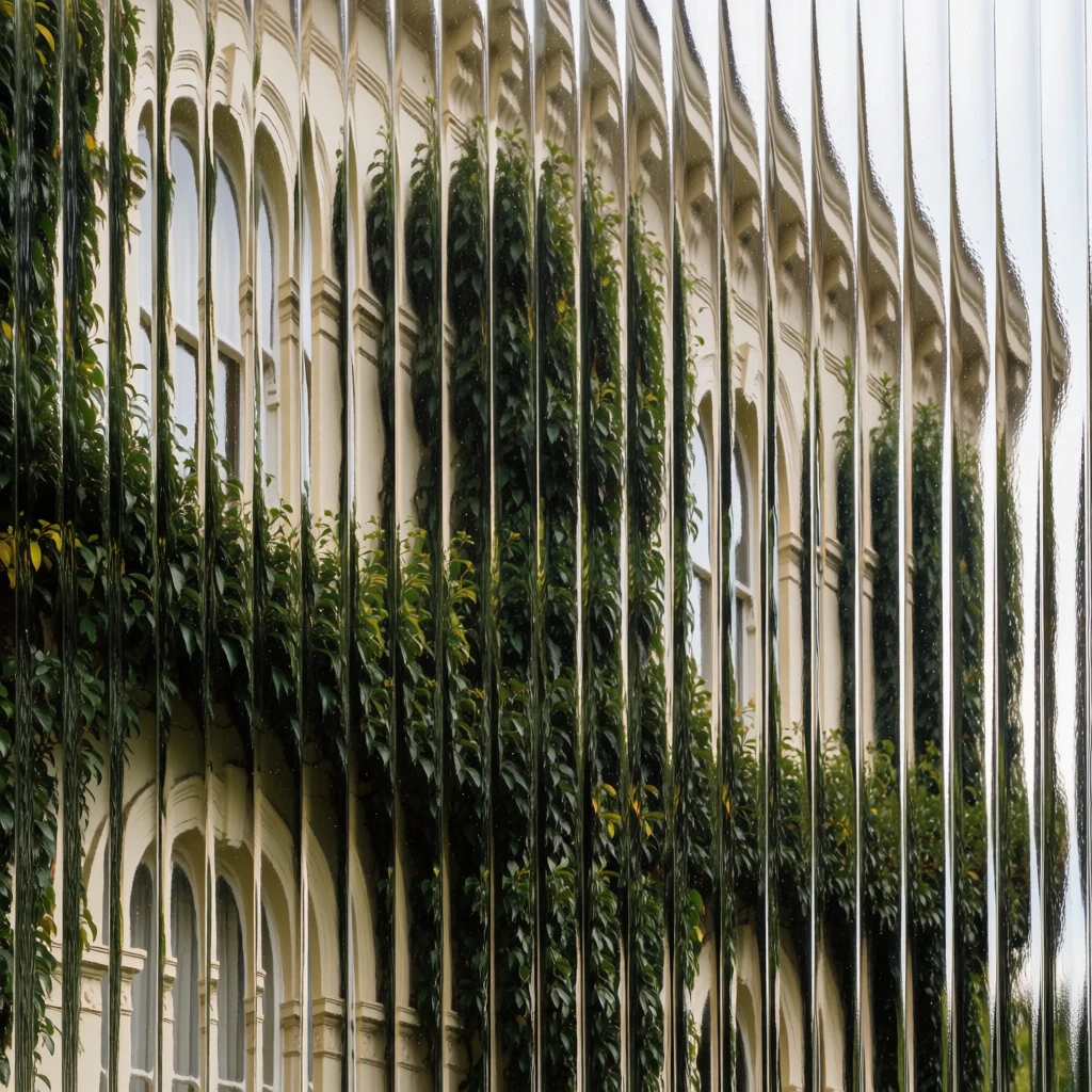 victorian manor with ornate architectural details and climbing green ivy vines, viewed through vertical ribbed fluted glass, creating a rhythmic distorted refraction pattern, soft focus and ethereal atmosphere, minimalist composition, warm neutral cream background, deep forest green foliage, elegant vertical strips, diffused natural light, tactile architectural textures, high-end editorial aesthetic, sharp vertical glass lines contrasting with organic shapes, dreamy abstract style