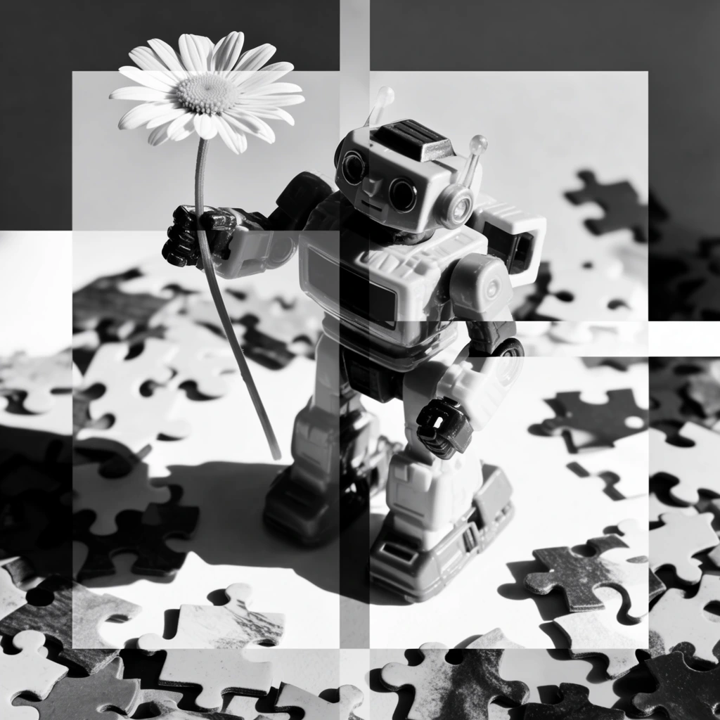 A toy robot grasping a delicate daisy flower stands amidst scattered puzzle pieces, rendered in a stark, high-contrast black-and-white photographic collage style fragmented by intersecting geometric masks. The composition is divided by sharp, rectangular planes of varying exposures, creating abrupt tonal shifts between brilliant whites, deep shadows, and mid-tone grays. Overlapping, semi-transparent layers blend the mechanical figure and the interlocking puzzle shapes, producing a multi-dimensional graphic design layout. Harsh, direct lighting casts deep, defined shadows, intensely highlighting the intricate joints and surfaces of the robot, the soft organic curves of the daisy petals, and the textured edges of the puzzle pieces. The avant-garde editorial aesthetic combines crisp, hyper-detailed photographic realism with bold geometric abstraction through stark monochromatic layering.