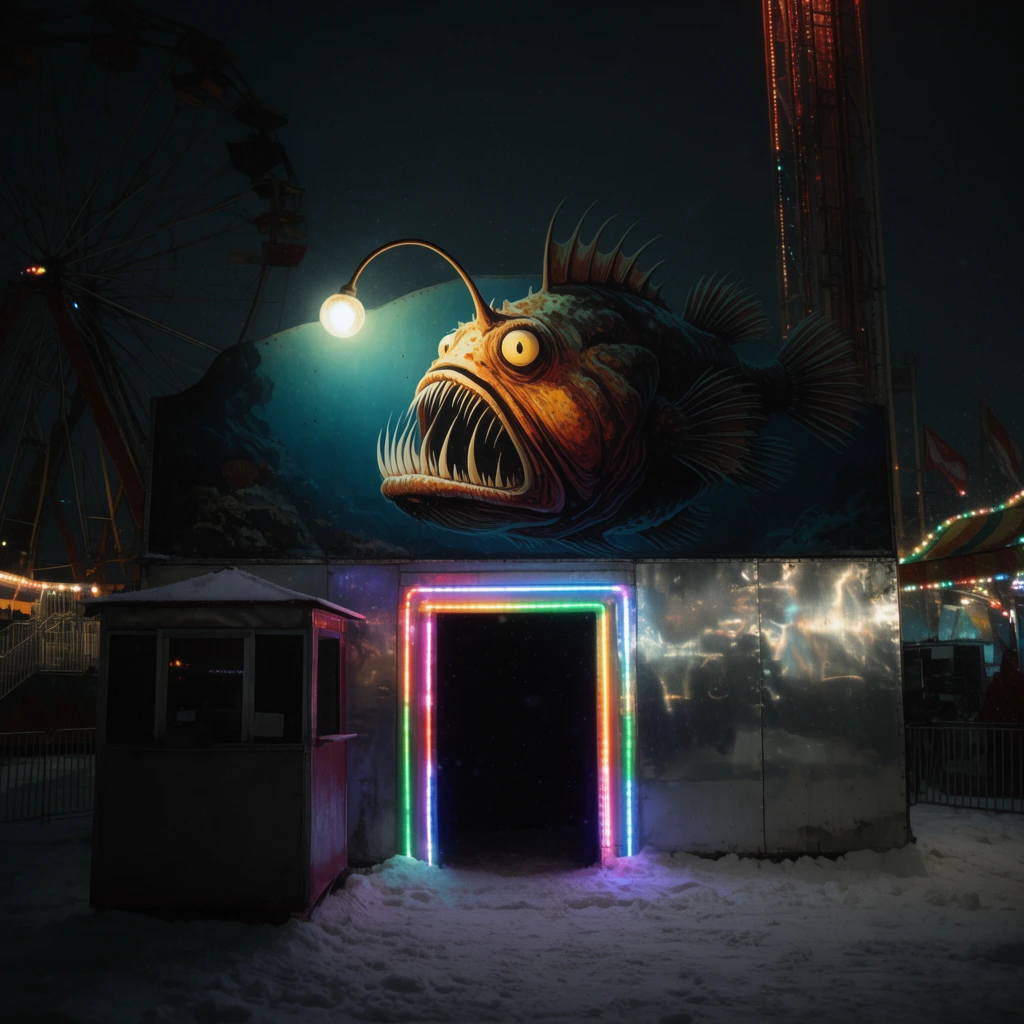 A metallic funhouse facade rests on snow at a nighttime carnival. Vibrant neon strips outline a dark entryway, topped by a large painted mural of a glowing deep-sea anglerfish. A shadowed ticket booth sits left. Silhouettes of a Ferris wheel and drop tower stretch into the dark sky, faintly illuminated by scattered lights. Cinematic lighting highlights the eerie, deserted winter fairground.